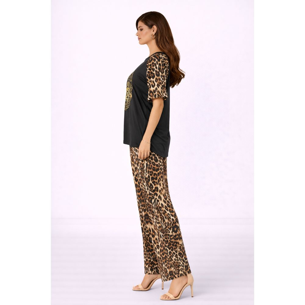 Womens Black & Leopard Print Two Piece Lounge Set